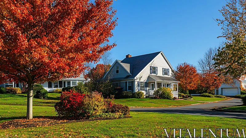 Quaint Suburban House in Fall AI Image