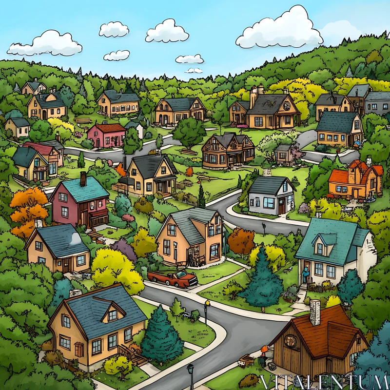 Picturesque Suburb Illustration AI Image