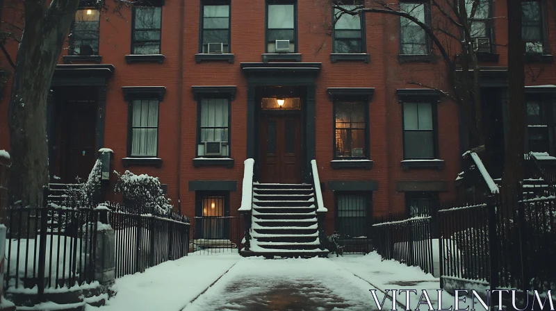 Snow-Covered Urban Street with Historic Brick Building AI Image