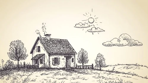 Pen Drawing of a Countryside Cottage