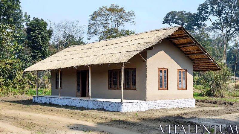 Rural House with Thatched Roof in Countryside AI Image