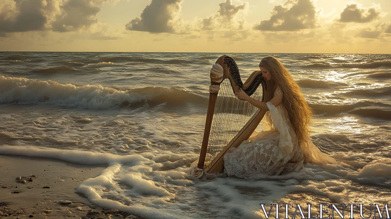 Harpist Serenading the Ocean Waves AI Image