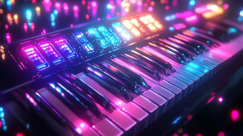 Colorful Synthesizer Keyboard Illuminated by Neon Lights