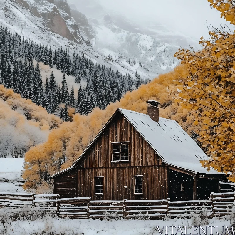 Serene Snow-Covered Cabin in Autumn Forest AI Image