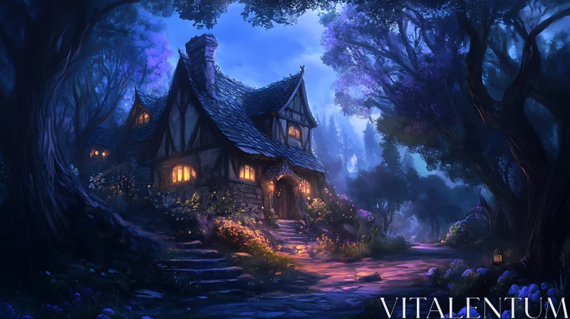 Fairytale Cottage Under Moonlit Forest AI Image