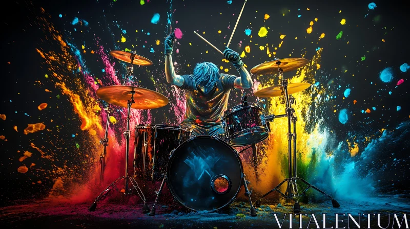 AI ART Explosive Drumming with Vibrant Paint Splashes