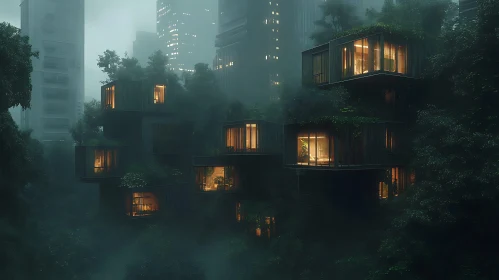 Misty Urban Jungle: Modern Homes in Dense Forest