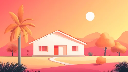 Tranquil Sunset with House and Trees