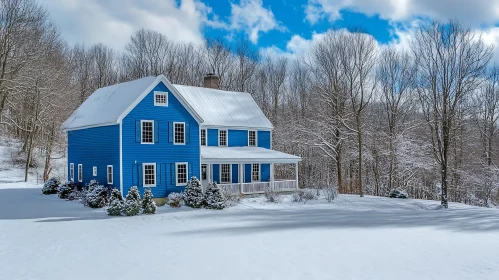 Blue House Amidst Winter Snow and Trees