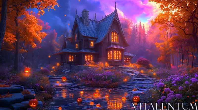 Magical Autumn Forest with Glowing Cottage and Pumpkins AI Image