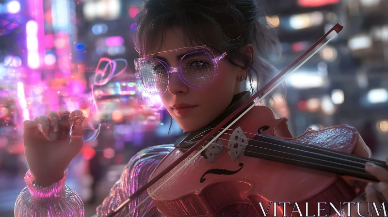 Futuristic Violinist in Neon City AI Image