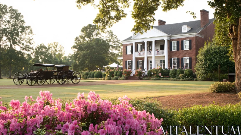 Historic Mansion and Carriages in Blooming Gardens AI Image