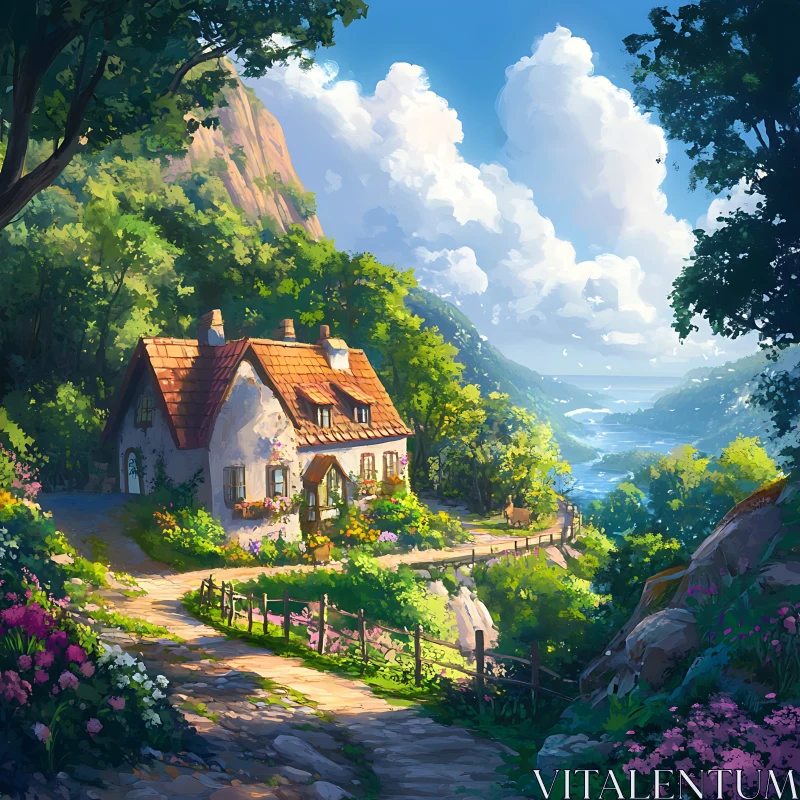 Charming Countryside Cottage Amidst Nature AI Image