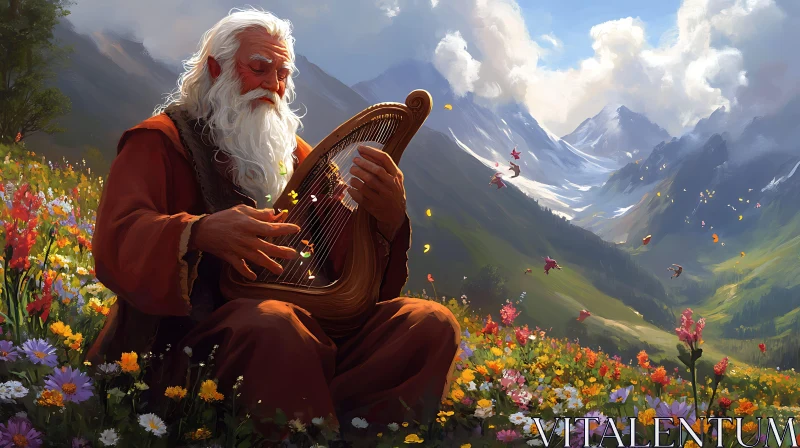 Harpist in Alpine Flower Field AI Image