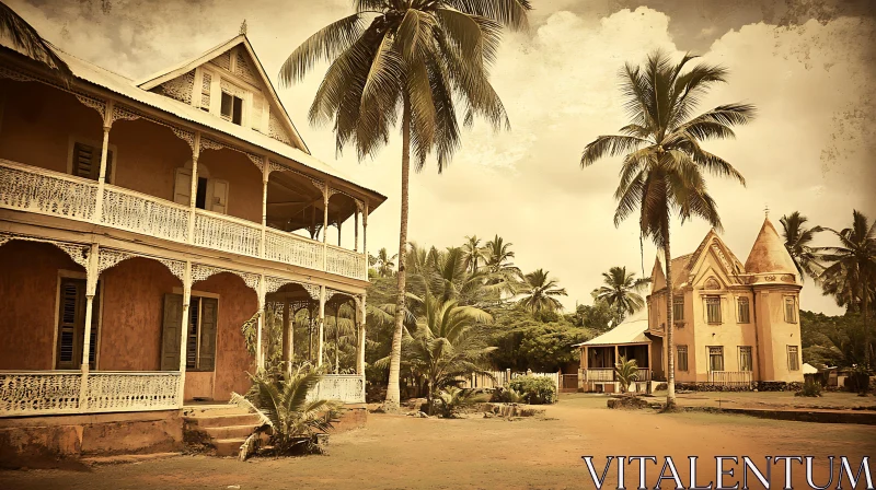 AI ART Sepia-Toned Vintage Architecture with Palm Trees