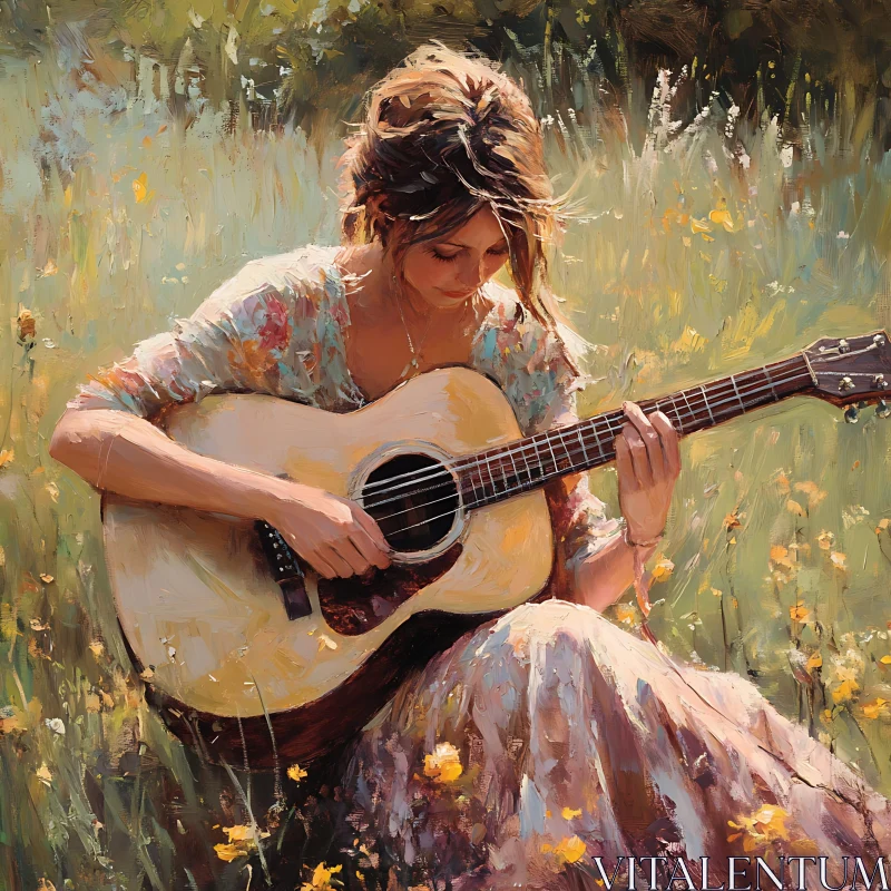 AI ART Guitarist in Flowered Meadow Art