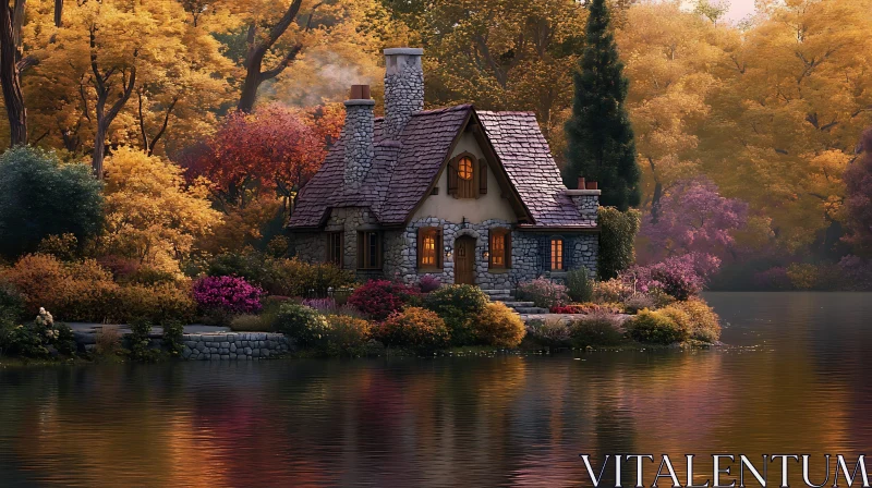 Fairytale Stone Cottage in Autumn AI Image