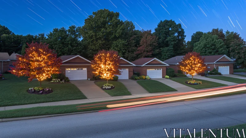 Night Scene of Suburban Homes with Holiday Lights AI Image