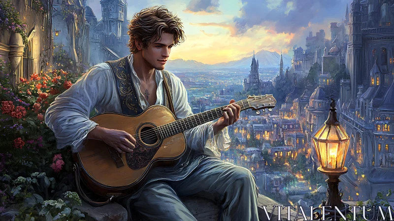 AI ART Romantic Evening Serenade Overlooking a Medieval City