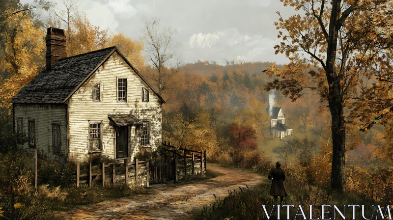 Vintage Cottage Surrounded by Autumn Leaves AI Image