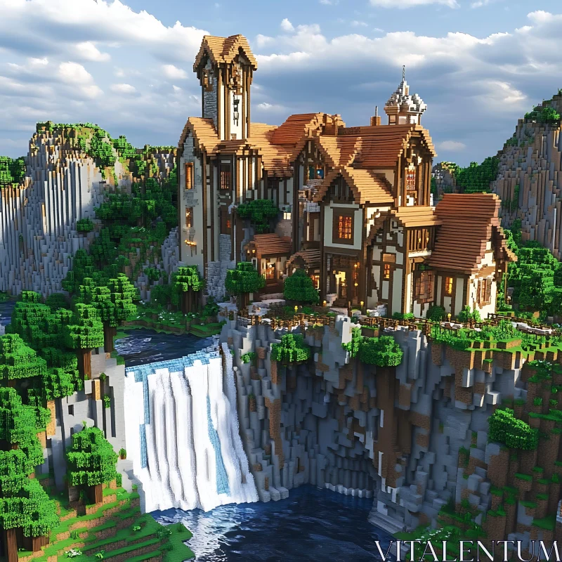 Grand Cliffside Castle with Waterfall AI Image