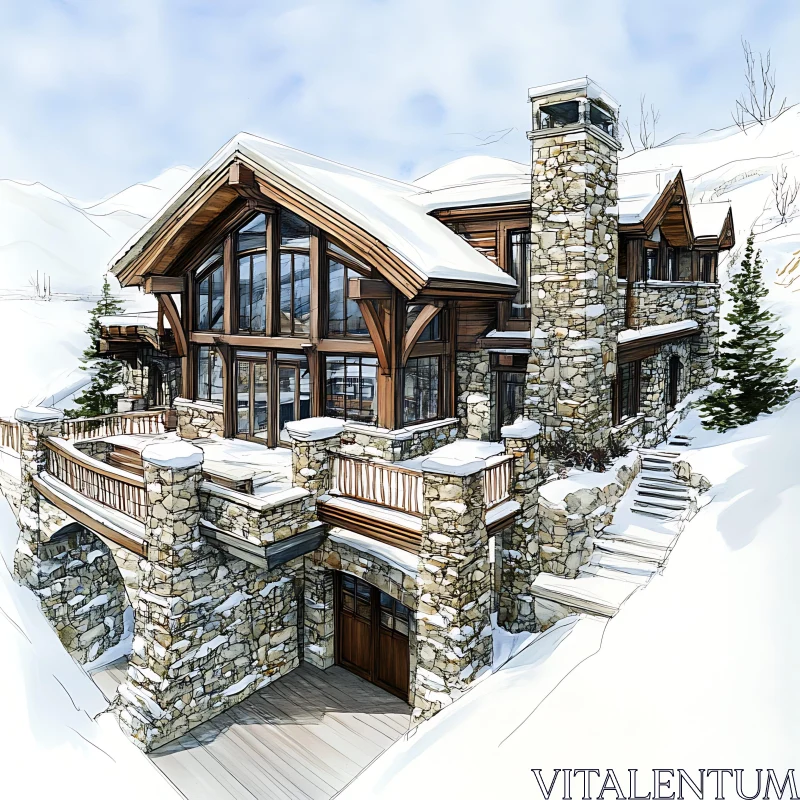 Winter Retreat: Stunning Cabin with Stone Walls and Wooden Beams AI Image