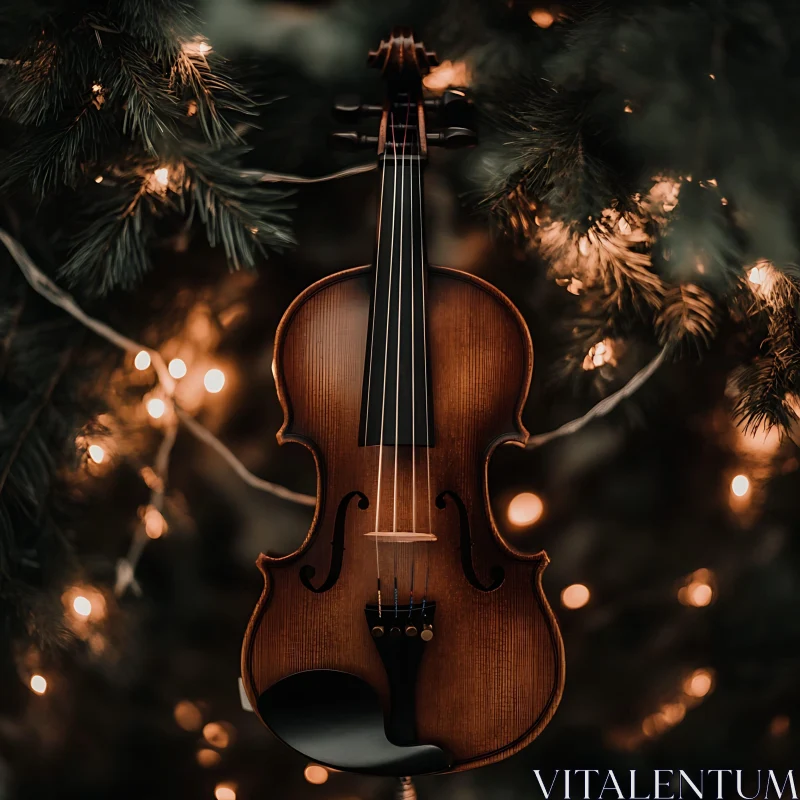 Festive Violin and Holiday Lights AI Image