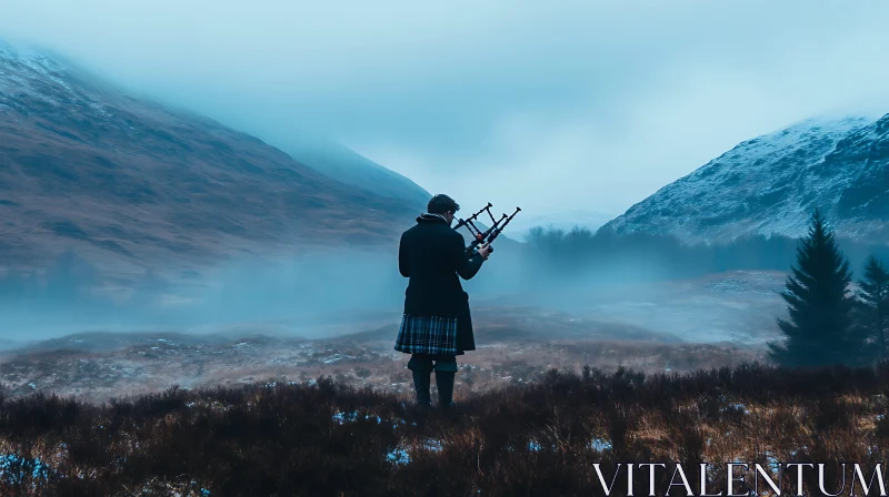 Bagpiper in Snow-Capped Mountains AI Image