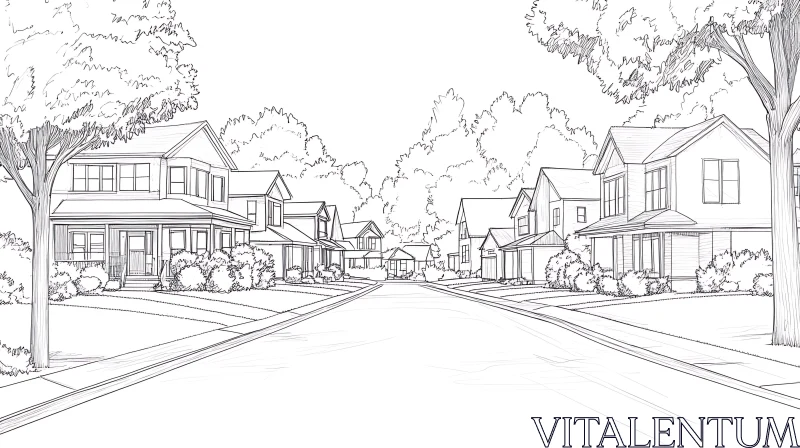 AI ART Detailed Pen-and-Ink Drawing of a Suburban Neighborhood