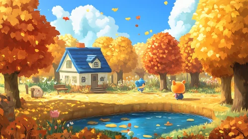 Whimsical Autumn Scene with Cottage and Animals