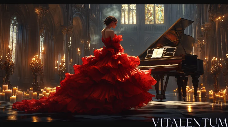 Mystical Cathedral With Piano and Red Gown AI Image