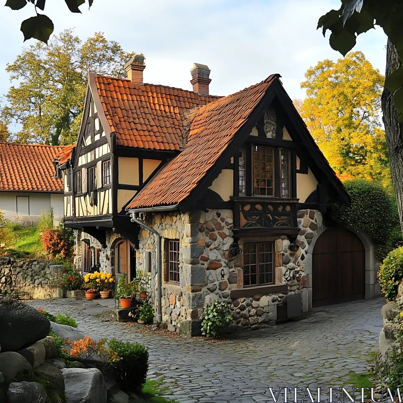 Idyllic Autumn Cottage with Quaint Cobblestone Path AI Image