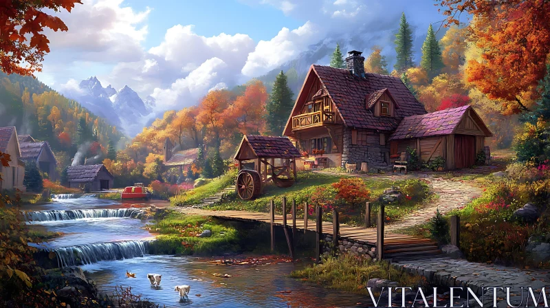 Autumn Cottage by Stream AI Image