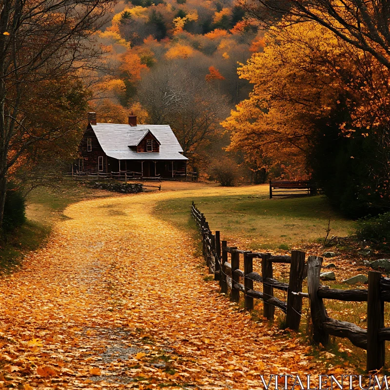 Rustic Cabin in the Heart of Autumnal Forest AI Image