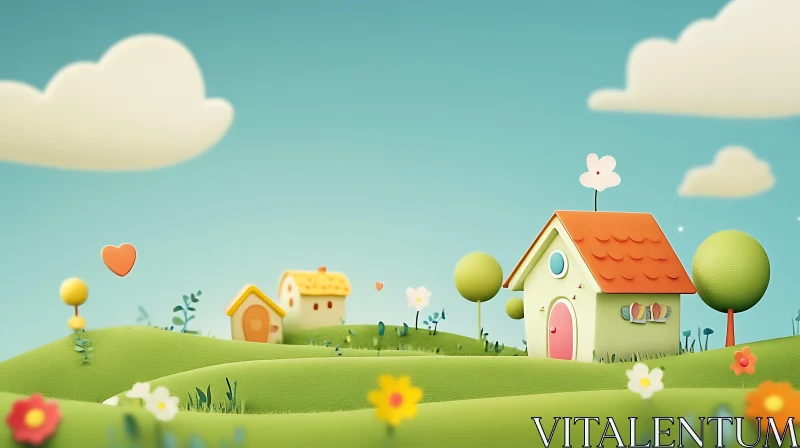 Playful Cartoon Landscape with Green Hills AI Image