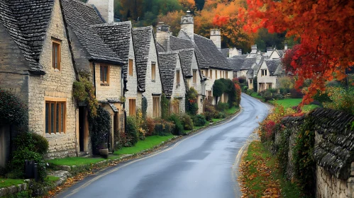 Autumn Scene of a Picturesque Village Street