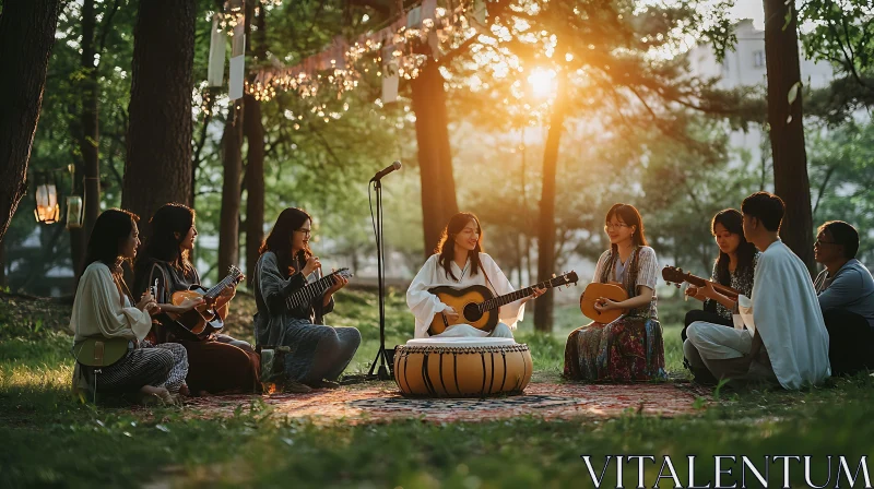 Musical Circle in the Forest with Guitars Amidst Sunlight AI Image