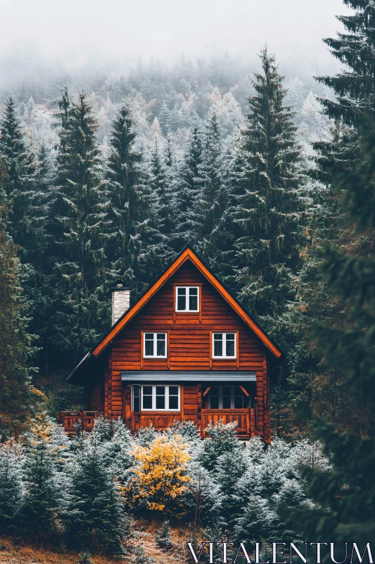 AI ART Rustic Cabin Amongst Snowy Pines