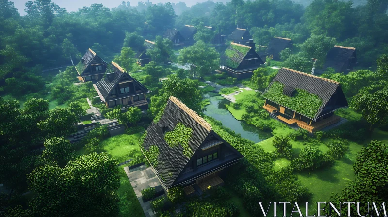 AI ART Green Village with Wooden Houses