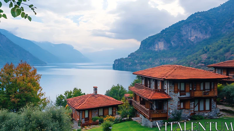 Tranquil Lake and Mountain Getaway with Red-Tiled Roof Houses AI Image