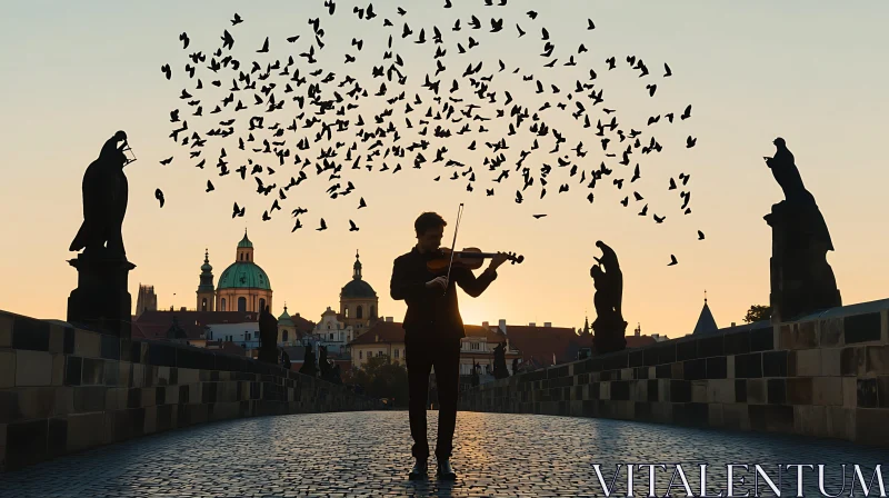 Sunset Serenade: Violinist and Birds AI Image