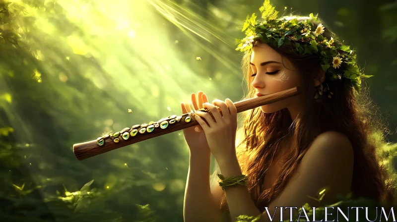 Nature Harmony: Woman with Flute in the Forest AI Image