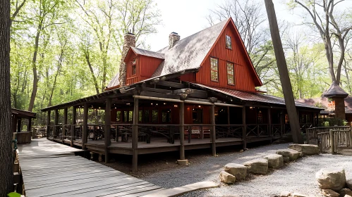 Red Wooden Cabin with Wraparound Porch in Lush Forest