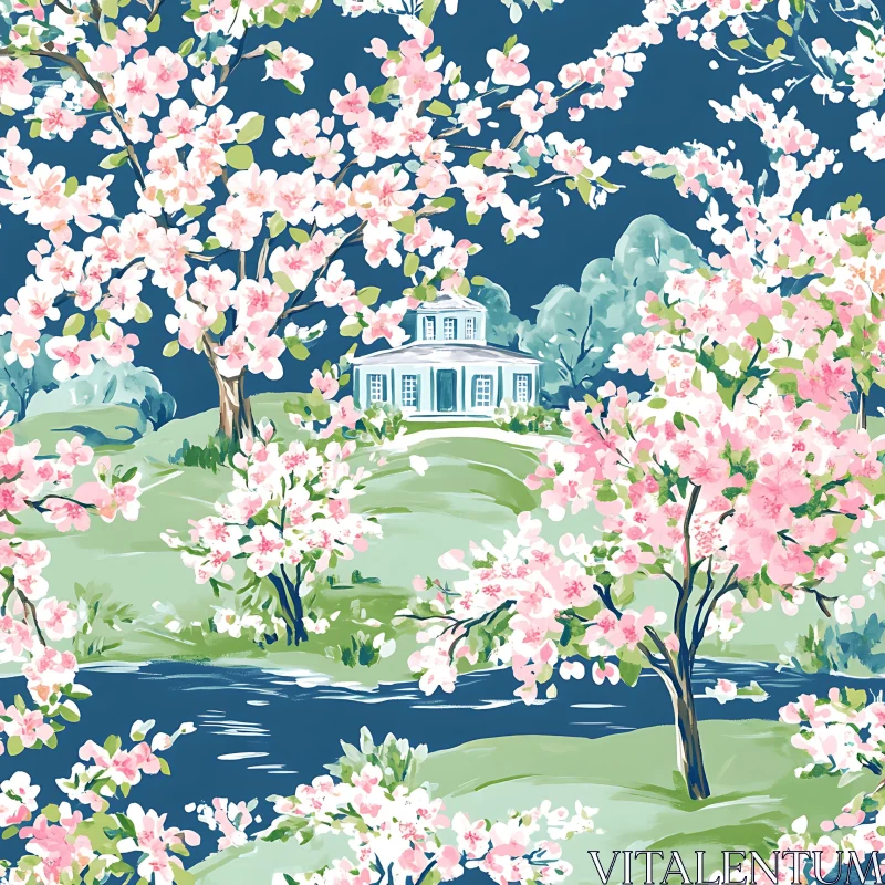 Idyllic Cherry Blossom Scene with a Charming Cottage AI Image