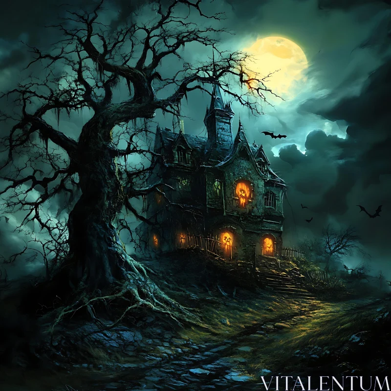 Spooky Haunted House at Night with Bats and Glowing Windows AI Image