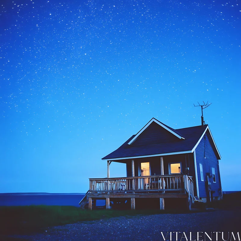 Tranquil Countryside Cabin at Night AI Image