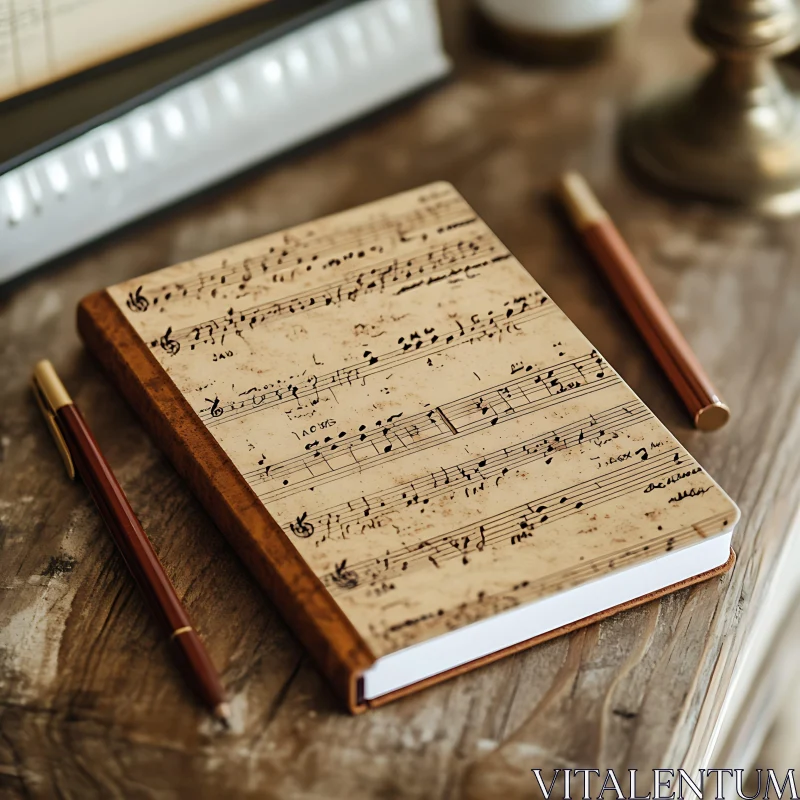 Elegantly Crafted Music Notebook on Rustic Table AI Image