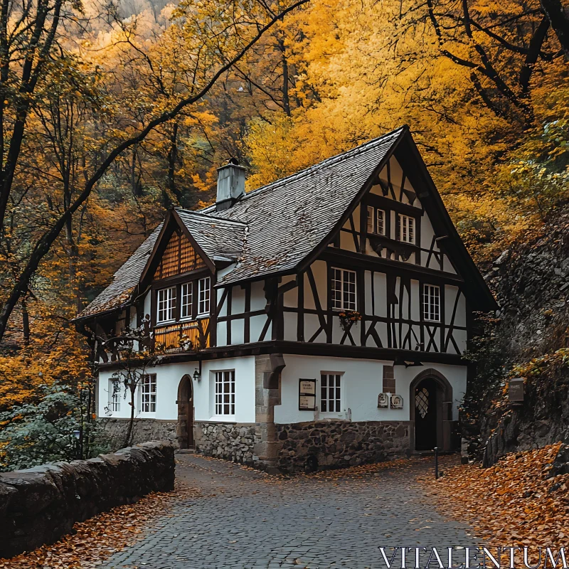 Countryside Cottage Surrounded by Autumn Foliage AI Image