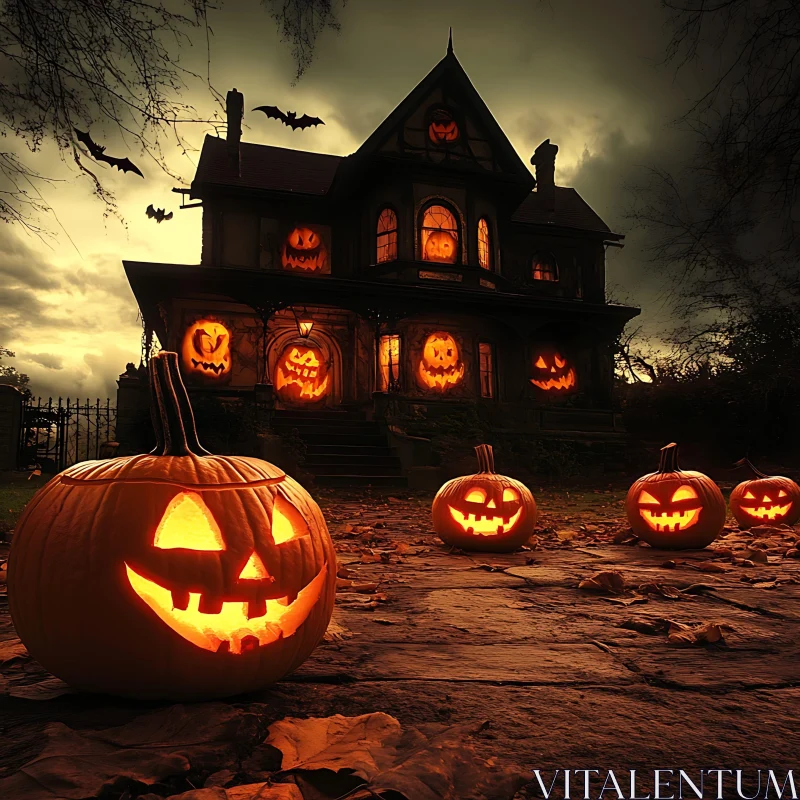Haunted House Lit by Jack-o'-Lanterns