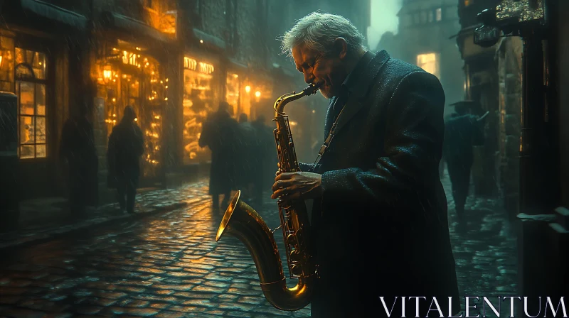 Nighttime Saxophone Serenade on Rainy Street
